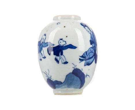 19TH CENTURY CHINESE BLUE AND WHITE VASE,of ovoid form, decorated with lady and two boys, unmarked, 9.5cm highVery light craz