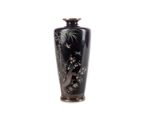 JAPANESE CLOISONNE ENAMEL VASE,Meiji Period (1868-1912), decorated with two birds amongst plum blossom, bamboo, and peonies, 