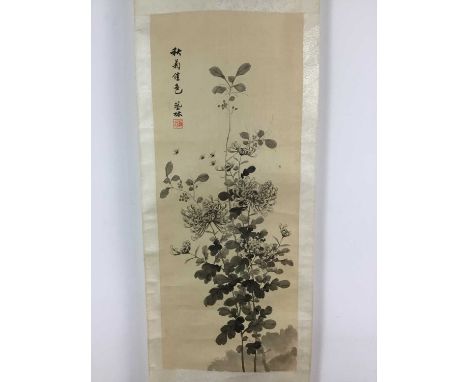 PAIR OF CHINESE WALL SCROLLS,20th century, chrysanthemum blooms, with calligraphic verse and seal upper-left and right respec