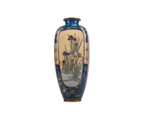 EARLY 20TH CENTURY JAPANESE CLOISONNE ENAMEL VASE,decorated with panels of peonies, cherry blossom, wisteria, and irises, aga