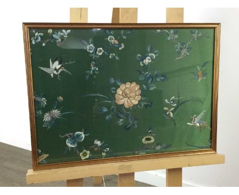TWO CHINESE EMBROIDERED SILK PANELS,the first depicting peonies and scholarly objects, 63 x 30.5cm including border, the seco