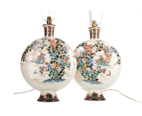 PAIR OF JAPANESE SATSUMA MOONFLASKS,Meiji Period (1868-1912), later converted to lamps, decorated in enamels with butterflies