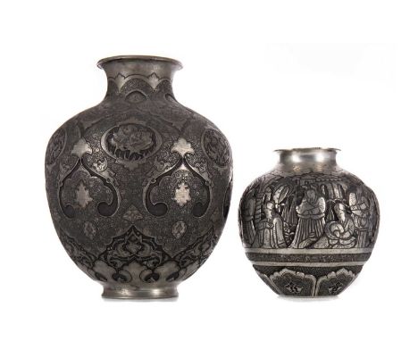 TWO EASTERN WHITE METAL VASES,the first Persian of globular form, silver over copper, featuring figures in a continuous low r