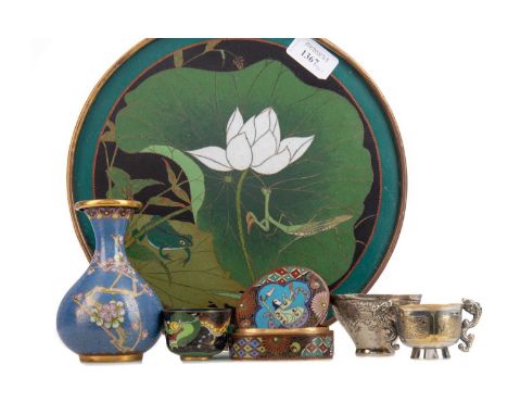 CHINESE CLOISONNE TRAY, 26cm diameter, together with further cloisonne items and white metal amulet, funnel and cupPlaque wit