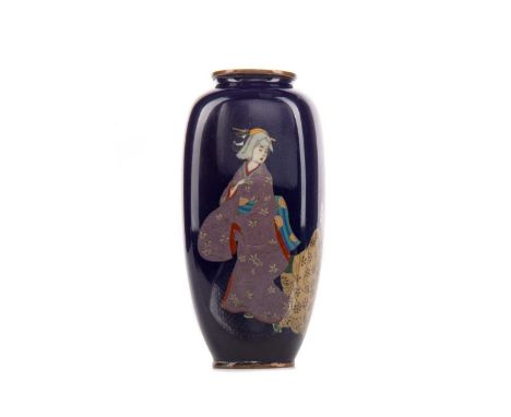 SMALL JAPANESE CLOISONNE VASE,Meiji Period (1868-1912), decorated with two bijin against navy ground, plated copper mounts, u