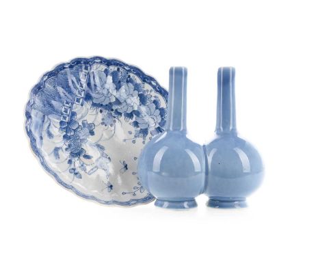 CHINESE CLAIR-DE-LUNE GLAZED DOUBLE VASE,bearing Daoguang mark to base, 24.5cm high, together with a scalloped Japanese charg
