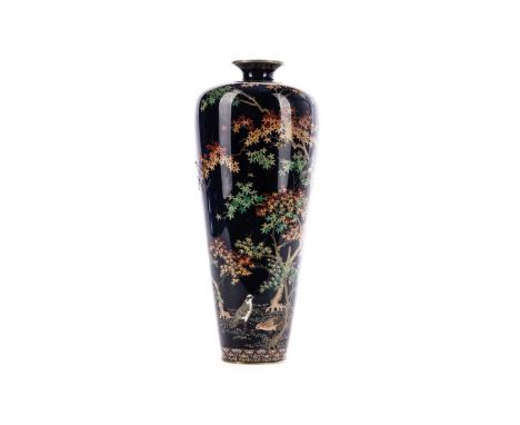 JAPANESE CLOISONNE ENAMEL VASE,likely Meiji Period (1868-1912), decorated with woodland birds amongst trees with leaves in au