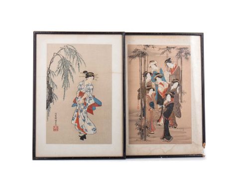 TWO JAPANESE UKIYO-E WOODBLOCK PRINTS, the first 'The Seven Beauties' after Katsukawa, the image 30.5 x 19.5 cm, together wit