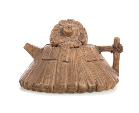 20TH CENTURY CHINESE YIXING POTTERY TEAPOT,modelled as a bale of bamboo, impressed mark to base, 13cm long