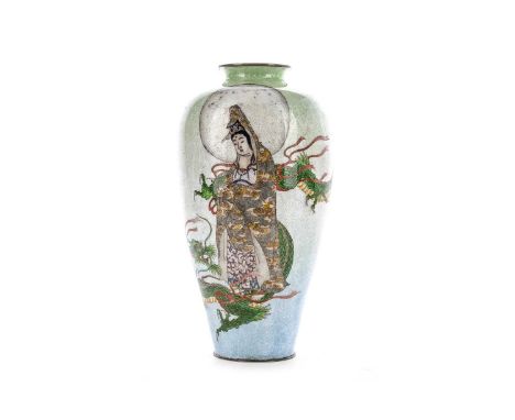 JAPANESE CLOISONNE AND GINBARI ENAMEL VASE,late 19th/early 20th century, decorated with scene of Guanyin as Bodhisattva of Co