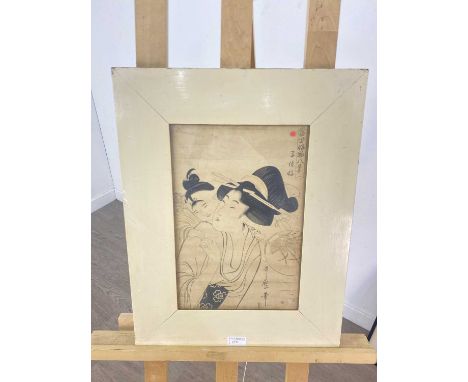 JAPANESE UKIYO-E WOODBLOCK PRINT,after Utamaro, 19th century, depicting a lady and child, image 36cm x 24cm, framed and under