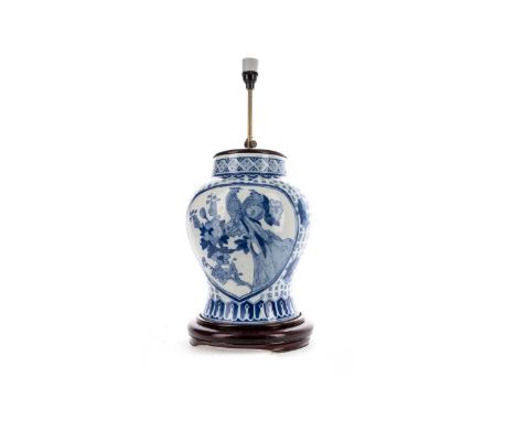 CHINESE BLUE AND WHITE VASE LAMP,20th century, decorated with panels of birds amongst floral blooms, 37cm high excluding fitm