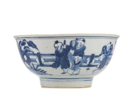 18TH CENTURY CHINESE BLUE AND WHITE PORCELAIN 'BOYS' BOWL,painted in cobalt blue undeglaze with scenes of boys playing, chara