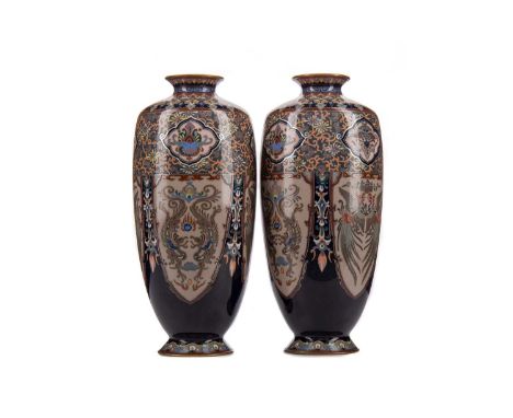 PAIR OF JAPANESE CLOISONNE ENAMEL VASES,Meiji Period (1868-1912), decorated with alternating panels of dragons and pheonix, a