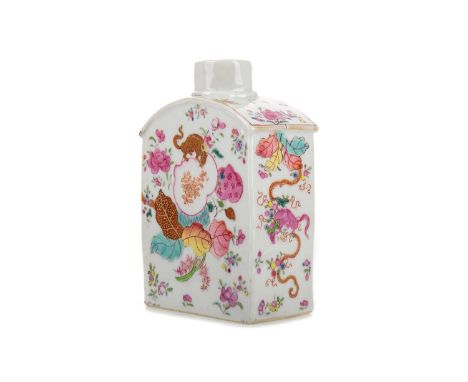 CHINESE FAMILLE ROSE TEA CADDY,Qing Dyansty, decorated in enamels with various motifs including tobacco leaf, peonies, peache