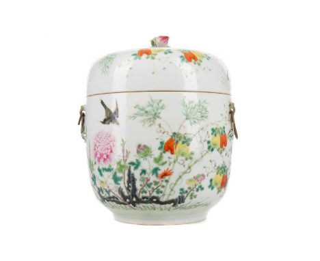 CHINESE HONGXIAN VESSEL AND COVER,of the period, decorated in enamels with bird amongst peony and further floral blooms, the 