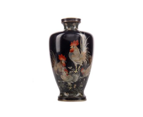 IN THE MANNER OF NAMIKAWA YASUYUKI, JAPANESE CLOISONNE ENAMEL VASE,Meiji Period (1868-1912), decorated with roosters against 