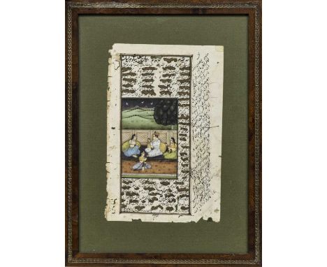GROUP OF FIVE ILLUMINATED PERSIAN MANUSCRIPT LEAVES,variously depicting figures, portraits and a hunting scene, all framed an