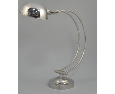 Art Deco style nickel plated adjustable desk lamp, double hoop frame, circular base.