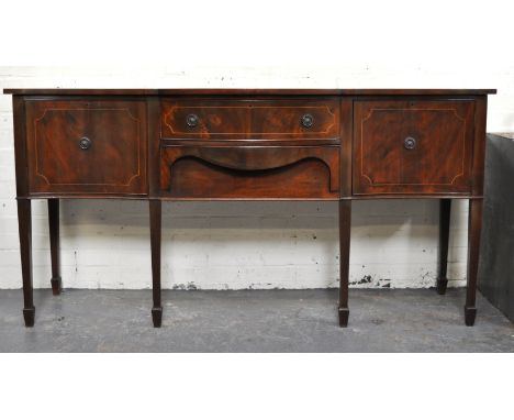 Reproduction mahogany sideboard, top with ebony stringing and crossbanding, three drawers above cupboards, splayed bracket fe