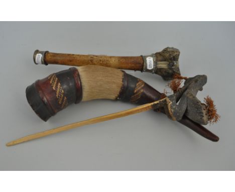 Cassowary bone dagger from Papua New Guinea, bone snorting pipe and horn flask, (3).