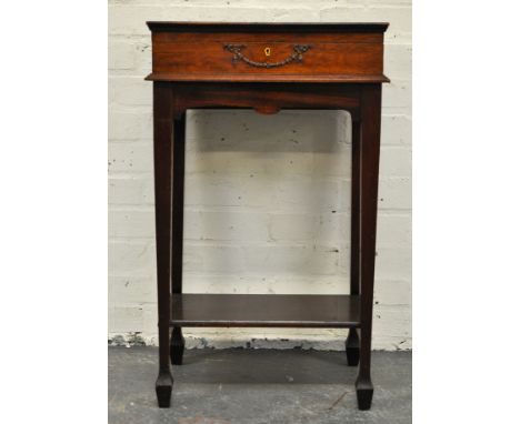 Mahogany table canteen, hinged lid, fitted interior, square tapering legs joined by a shelf, width 47cm, depth 34cm, height 7