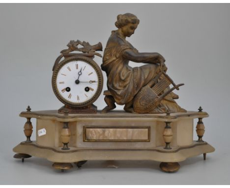 Late 19th Century French gilt spelter and alabaster mantel clock, surmounted with a figure of a lady with a lyre, cylinder mo