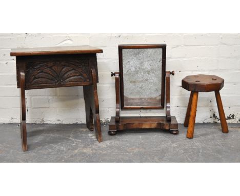 Small elm anointing stool, tripod legs, 23cm, an oak box seat stool with carved front panel and a Victorian mahogany toilet m