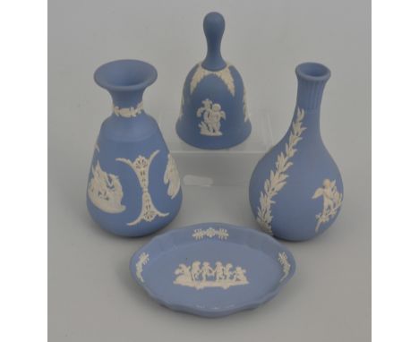 Quantity of pale blue Wedgwood decorative ornaments, trinket boxes, pin trays, etc.