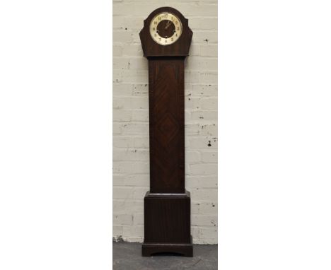 1940's walnut grand daughter clock, circular dial, case with bracket feet, movement striking on four gongs, height 137cm.