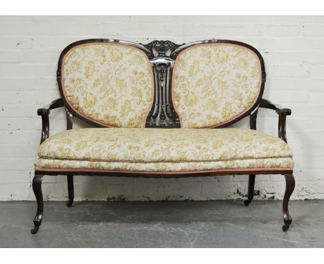 19th Century three piece salon suite, carved mahogany frame with shaped back panels, comprising two seater settee and two elb