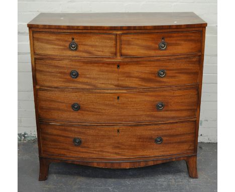 Victorian mahogany bowfront chest of drawers, top with broad crossbanding, two short and three long graduating drawers, shape