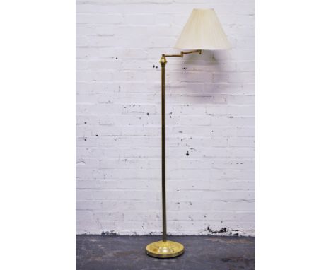 Modern brass standard lamp, adjustable with pleated shade, height 160cm.