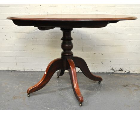 Victorian mahogany oval tilt-top table, turned column on tripod supports, length 128cm, width 82cm, height 74cm.