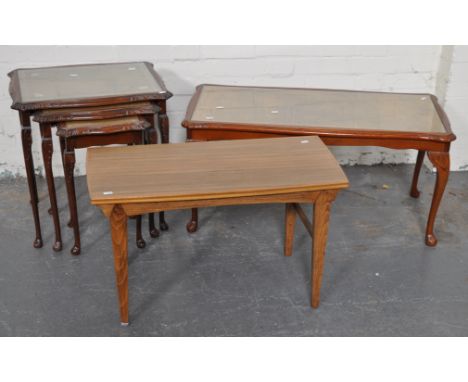 Two nests of three occasional tables, a similar coffee table, a reproduction wine table, and another occasional table (5)