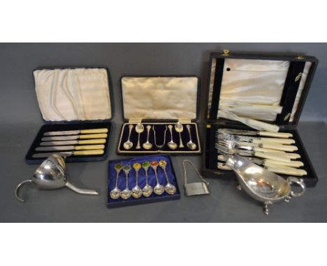 A Set of Six Birmingham Silver Teaspoons with Tongs within Fitted Case, together with a cased set of tea knives, a cased set 