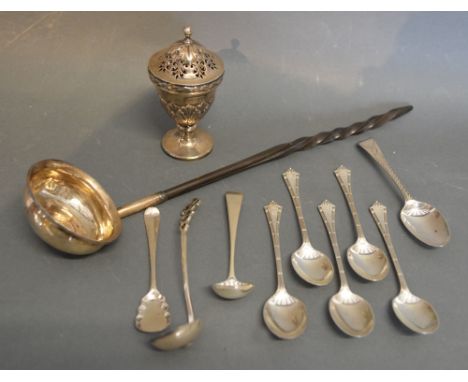 A George IV Silver Pepper, London 1824, together with a horn handled toddy ladle and various silver spoons
