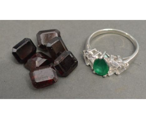 A Silver CZ Set Ring with Green Agate Stone, together with six natural step cut garnets