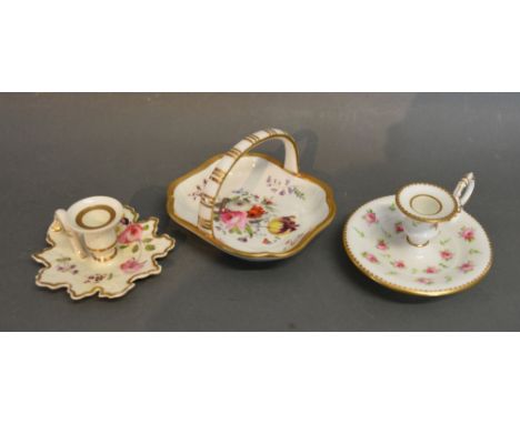 A Mintons Porcelain Chamber Stick together with another similar 19th Century chamber stick and an English porcelain basket