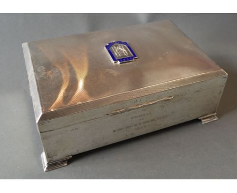 A Birmingham Silver Rectangular Large Cigar Box, the hinged cover bearing blue enamel crest, 20 x 13 cms