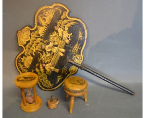 A 19th Century Chinoiserie Decorated Face Screen, together with a Mauchline Ware Timer, a similar Mauchline Ware Pin Cushion 
