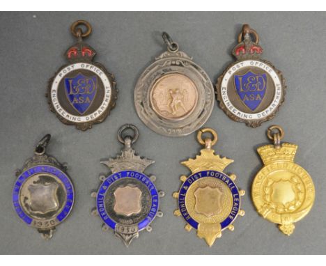 A 9ct. Gold and Enamel Decorated Football League Medallion dated 1929, 6gms,  together with a collection of six other silver 