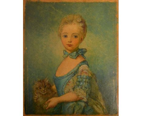 An Early 20th Century Portrait Miniature of a Girl Holding a Cat, watercolour, 12 x 10 cms