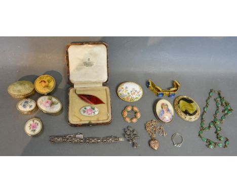 A Collection of Jewellery, to include a Norwegian enamel and silver brooch in the form of a leaf, a locket in the form of a h