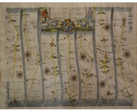 A 17th Century Coloured Map 'The Road from London' by John Ogilby, 35 x 47 cms