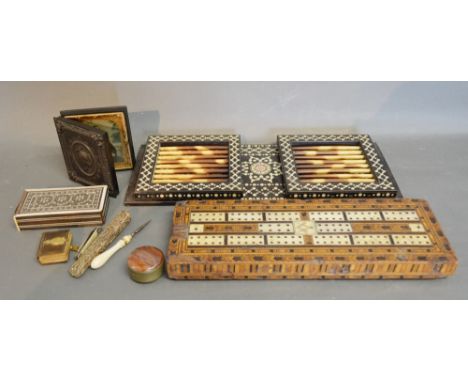 A Late 19th Century Moorish Porcupine Quill Folding Book Stand, together with a Tunbridge Ware Cribbage Board and a small col