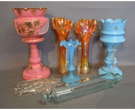 A Pair of Carnival Glass Spill Vases, together with three glass lustres and a glass rolling pin