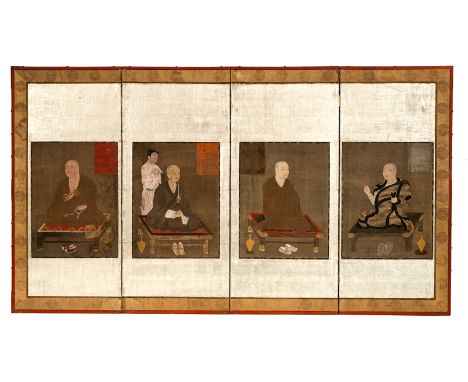 Seltener vierteiliger StellschirmJapan, Muromachi-Periode138,5 x 245 cmLinker Schirm aus einem Paar. Auf jedem Paneel Portrai