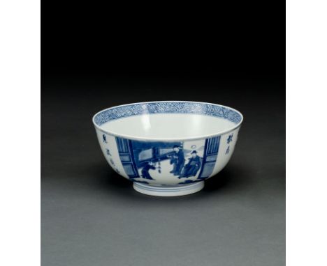 Gebauchte Schale aus Porzellan mit zwei unterglasurblauen Darstellungen von Romanszenen aus dem 'xixiangji' und Gedichtaufsch