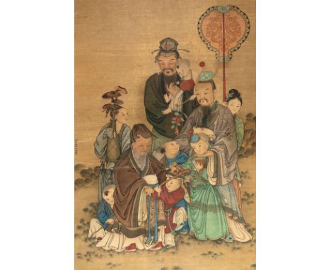 Feine Darstellung der drei daoistischen Gottheiten (sanxing) mit fünf spielenden KnabenChina, 18. Jh.164,5 x 111 cm R.Tusche 